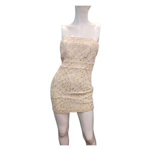 Forever 21 Cream and Gold Lace Strapless Mini Dress Womens Small NEW TAGS